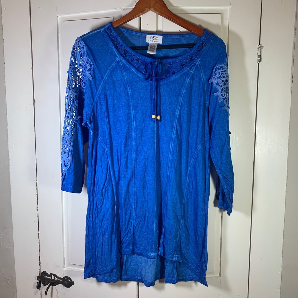 OSo Casuals Blue Lace Accent Tie Neck 3/4 Sleeve Tunic Top XL